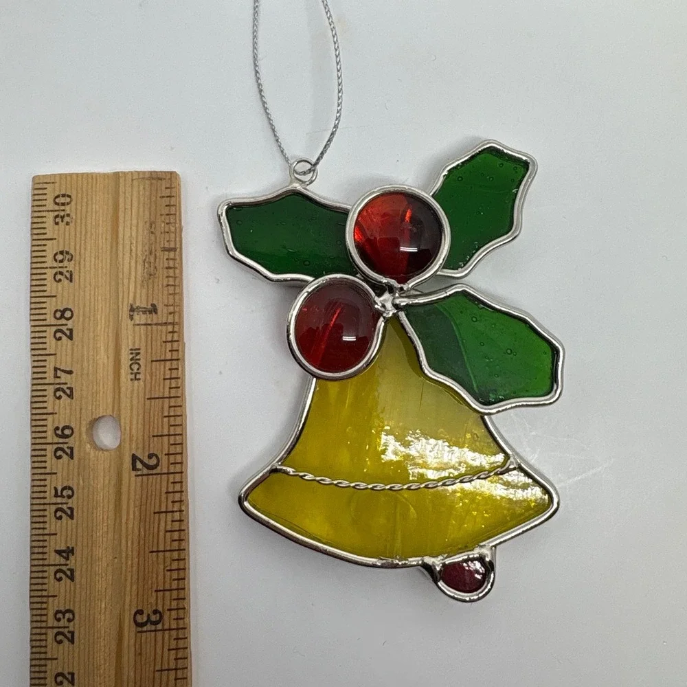 Stained Glass Bell Ornament Holly Berries Christmas Tree Decor Festive Red Green